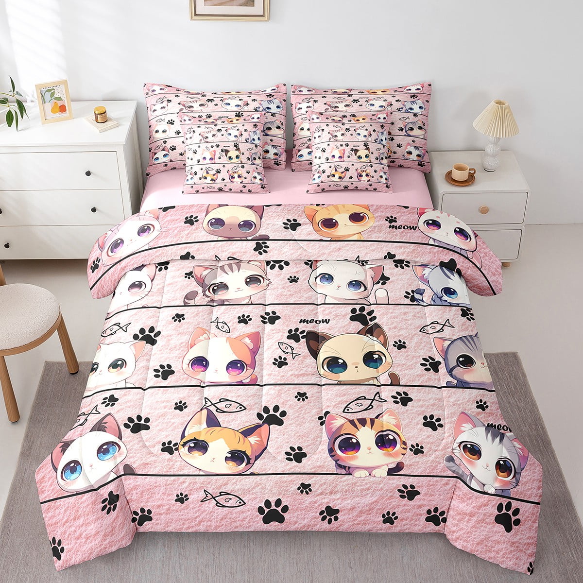 jejeloiu Cartoon Animals Bedding Comforter Set,7Piece,Cat Kitten Kitty