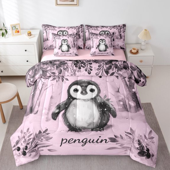 jejeloiu Cartoon Antarctic Penguin 7-Piece Bedding Comforter Set,Wild Animal King Bedding Sets,Pink Black Bed Sheets For Girls Teens,Microfiber Bedroom Decor Reversible