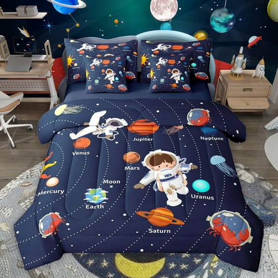 jejeloiu Cartoon Astronaut 7-Piece Twin Bedding Sets,Outer Space Bedding Comforter Set,Galaxy Planet Sheet Sets For Boys,Microfiber Bedroom Decor Reversible