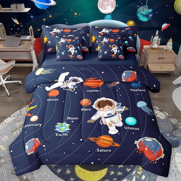jejeloiu Cartoon Astronaut 7-Piece Twin Bedding Sets,Outer Space Bedding Comforter Set,Galaxy Planet Sheet Sets For Boys,Microfiber Bedroom Decor Reversible