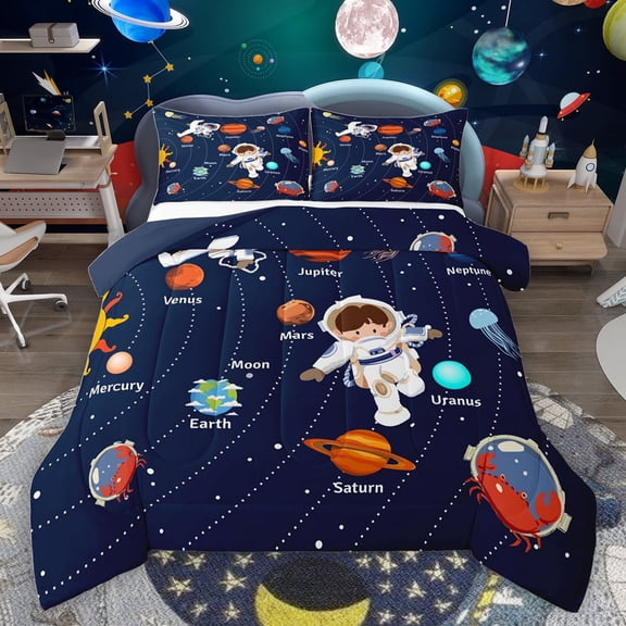 jejeloiu Cartoon Astronaut Bedding Comforter Set,Outer Space Twin Comforter Sets,Galaxy Planet Bedding Set For Boys,Microfiber Bedroom Decor Reversible,2-Piece