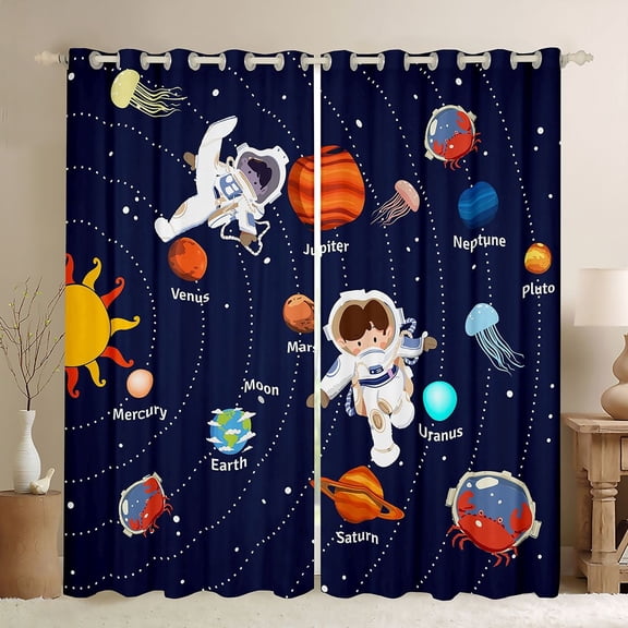jejeloiu Cartoon Astronaut Blackout Curtains Set of 2 (52x84 Each),Outer Space Window Curtains,Galaxy Planet Curtains and Drapes For Boys,Microfiber Bedroom Decor