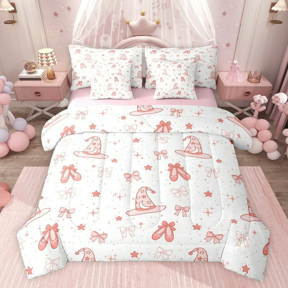 jejeloiu Cartoon Ballet Shoe 7-Piece Bedding Comforter Set,Cute Kawaii Bowknot Pattern King Bedding Sets For Kids Reversible