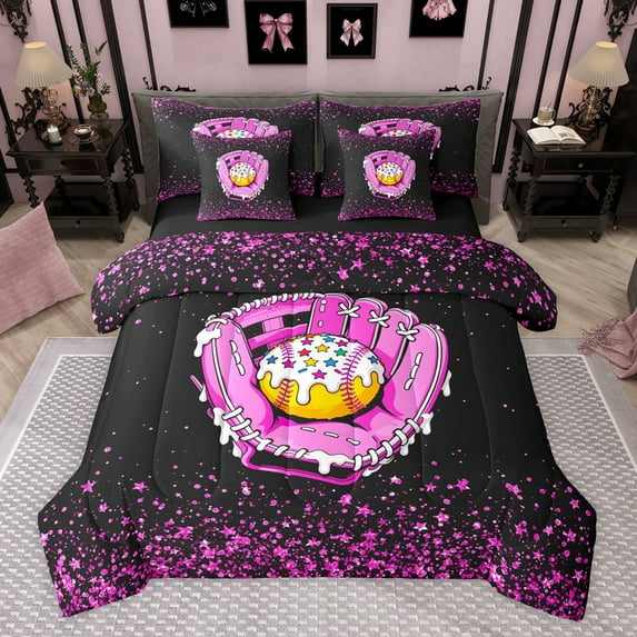 jejeloiu Cartoon Baseball Pattern 7pcs Bedding Comforter Set,Pink Glitter Stars Print Queen Bedding Sets For Girls Kids Reversible