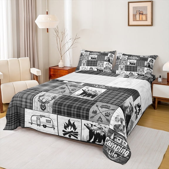jejeloiu Cartoon Bear Paws Twin Sheet Sets,Happy Camping Life Twin Fitted Sheet,Rustic Farmhouse Hunting Flat Sheet For Adults,Ultra Soft Home Decor,3pcs