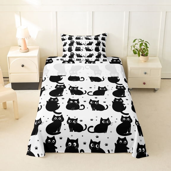 jejeloiu Cartoon Black Cat Pattern Twin Sheet Sets For Kids,Star Paw Print Bedding For Girl,3 Pieces