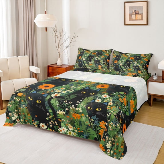 jejeloiu Cartoon Black Kitten Bed Sheets Kids,Spring Garden Flowers Sunflower King Sheets For Girls,4-Piece