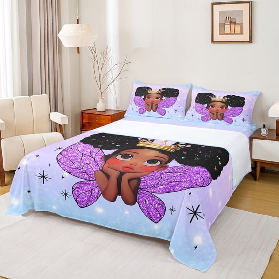 jejeloiu Cartoon Black Princess Twin Sheet Sets,Chic Wings Crown Twin Fitted Sheet,Black Blue Purple Flat Sheet For Girls Kids,Ultra Soft Home Decor,3pcs