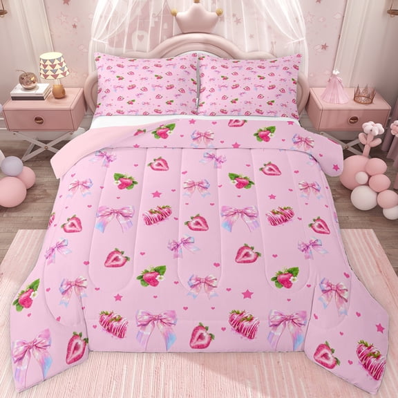 jejeloiu Cartoon Bow Bowknot Twin Comforter Sets,Pink Cute Strawberry Bedding Set For Princess Reversible 2 Pieces