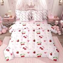 jejeloiu Cartoon Bow Cherry 7-Piece Twin Bedding Sets,Pink Cute Bowknot Bedding Comforter Set For Girls Kids Reversible