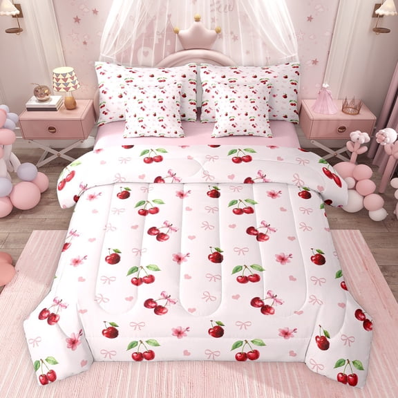 jejeloiu Cartoon Bow Cherry 7-Piece Twin Bedding Sets,Pink Cute Bowknot Bedding Comforter Set For Girls Kids Reversible