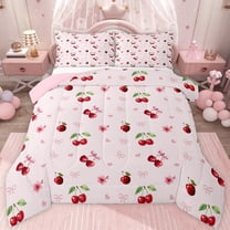 jejeloiu Cartoon Bow Cherry Twin Comforter Sets,Pink Cute Bowknot Bedding Set For Girls Kids Reversible 2 Pieces