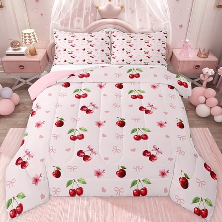 jejeloiu Cartoon Bow Cherry Twin Comforter Sets,Pink Cute Bowknot Bedding Set For Girls Kids Reversible 2 Pieces