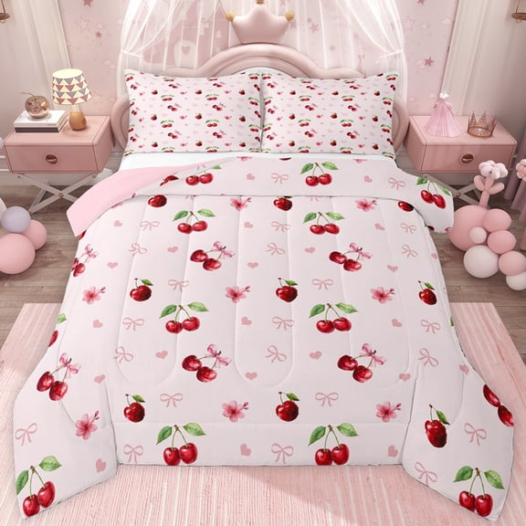 jejeloiu Cartoon Bow Cherry Twin Comforter Sets,Pink Cute Bowknot Bedding Set For Girls Kids Reversible 2 Pieces