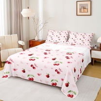 jejeloiu Cartoon Bow Cherry Twin Sheet Sets,Pink Cute Bowknot Bedding For Girls Kids 3 Pieces