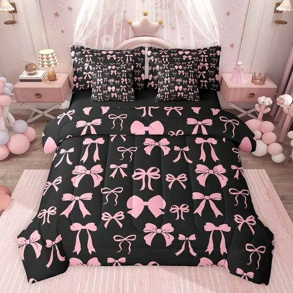 jejeloiu Cartoon Bow Knot 7-Piece Twin Bedding Sets,Pink Black Bowknot Bedding Comforter Set For Girl Reversible