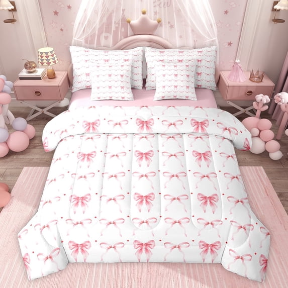 jejeloiu Cartoon Bow Knot 7-Piece Twin Bedding Sets,Pink Polka Dots Bedding Comforter Set For Girl Reversible