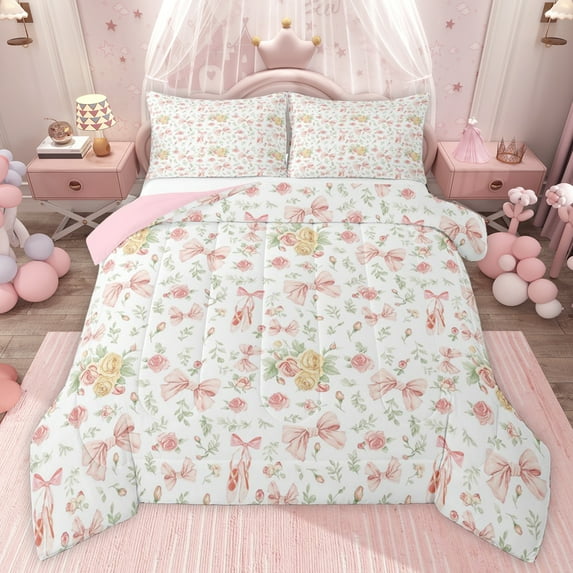 jejeloiu Cartoon Bow Knot Full Size Comforter Sets,Kawaii Flowers Blossom Bedding Sets For Teens Reversible 3 Pieces