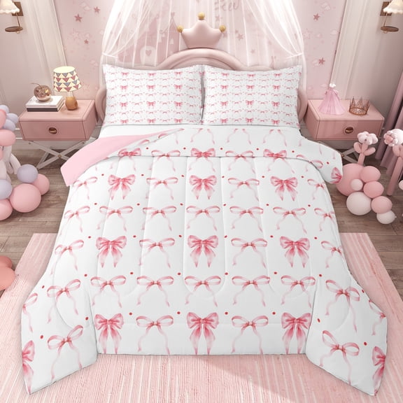 jejeloiu Cartoon Bow Knot Full Size Comforter Sets,Pink Polka Dots Bedding Sets For Girl Reversible 3 Pieces