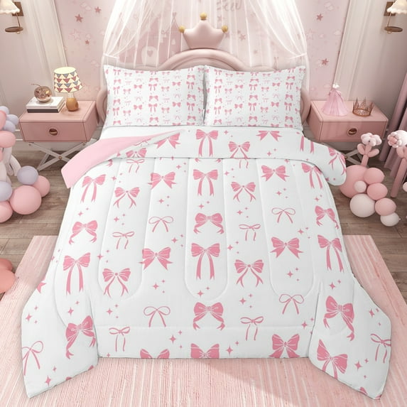 jejeloiu Cartoon Bow Knot Full Size Comforter Sets,Pink White Bowtie Bedding Sets For Girl Reversible 3-Piece