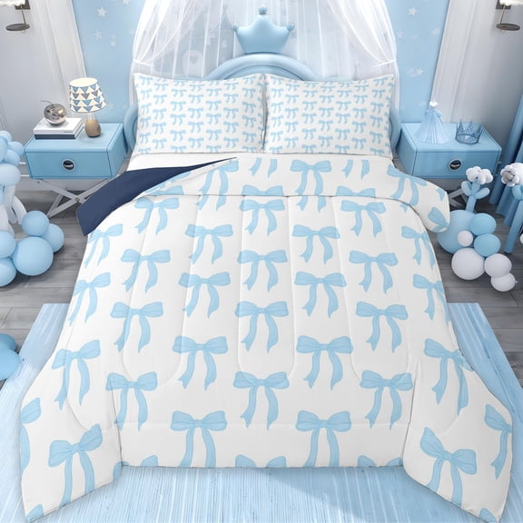 jejeloiu Cartoon Bow Knot Queen Comforter Set,Blue Kawaii Bowtie Bedding Comforter Set For Girl Reversible 3 Pieces