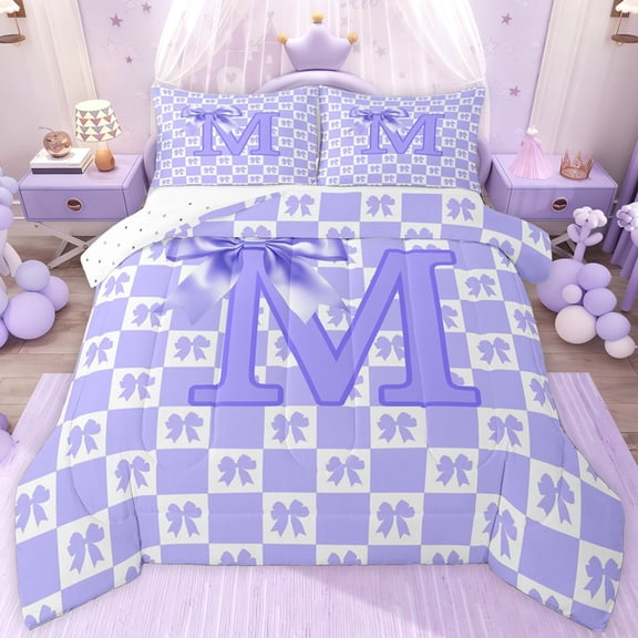jejeloiu Cartoon Bow Knot Queen Comforter Set,Purple Letter M Bedding Comforter Set For Bowtie Girls Reversible 3pcs
