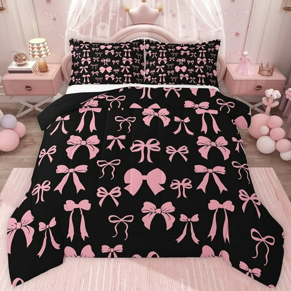 jejeloiu Cartoon Bow Knot Twin Comforter Sets,Pink Black Bowknot Bedding Set For Girl Reversible 2pcs