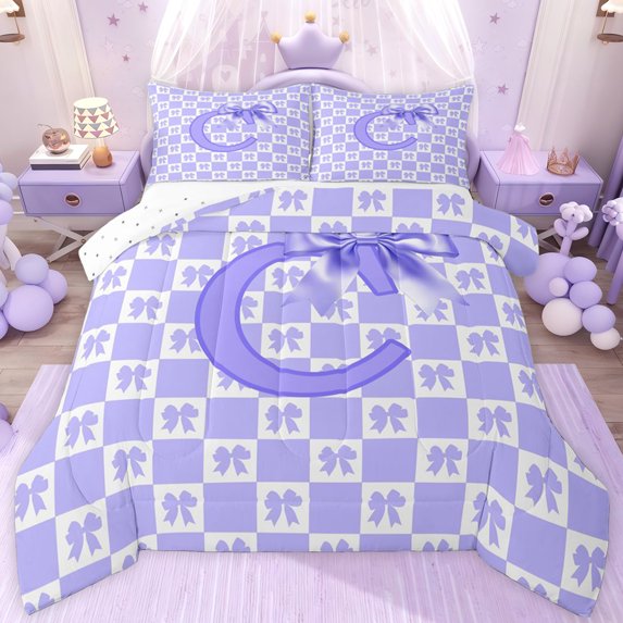 jejeloiu Cartoon Bow Knot Twin Comforter Sets,Purple Letter C Bedding Set For Bowtie Girls Reversible 2pcs