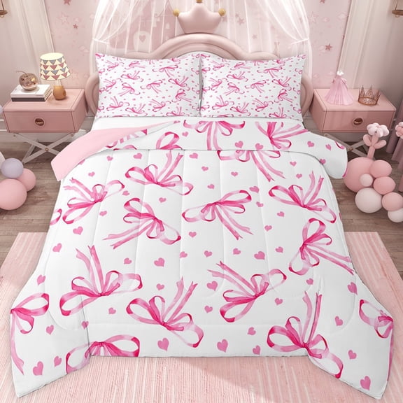 jejeloiu Cartoon Bow Loves Twin Comforter Sets,Kawaii Ribbon Bowknot Bedding Set For Girl Reversible 2 Pieces