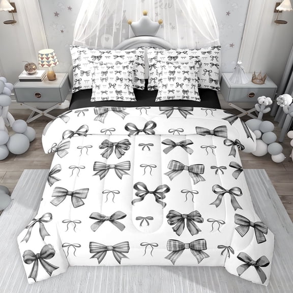 jejeloiu Cartoon Bow Ribbon 7-Piece Twin Bedding Sets,Gray Kawaii Bowknot Bedding Comforter Set For Girl Reversible