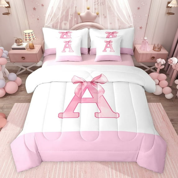 jejeloiu Cartoon Bow Tie 7-Piece Twin Bedding Sets,Letter A Monogrammed Bedding Comforter Set For Girls Kids Reversible