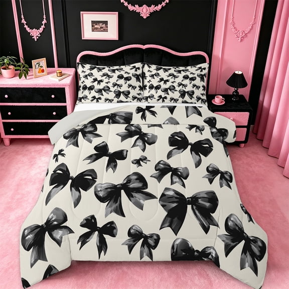 jejeloiu Cartoon Bow Tie Bedding Comforter Set,Kawaii Bowknot Print Twin Comforter Sets,Black Bowtie Bedding Set For Girls Kids,Microfiber Bedroom Decor Reversible,2 Pieces