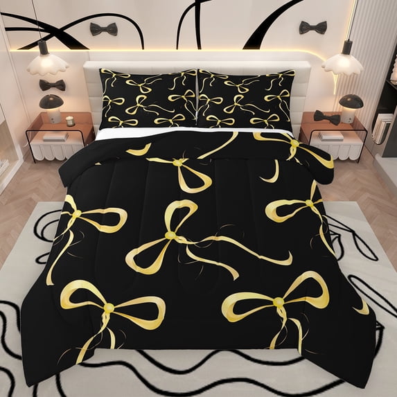 jejeloiu Cartoon Bow Tie Bedding Comforter Set,Kawaii Bowknot Print Twin Comforter Sets,Yellow Ribbon Bowtie Bedding Set For Girls Kids,Microfiber Bedroom Decor Reversible,2pcs