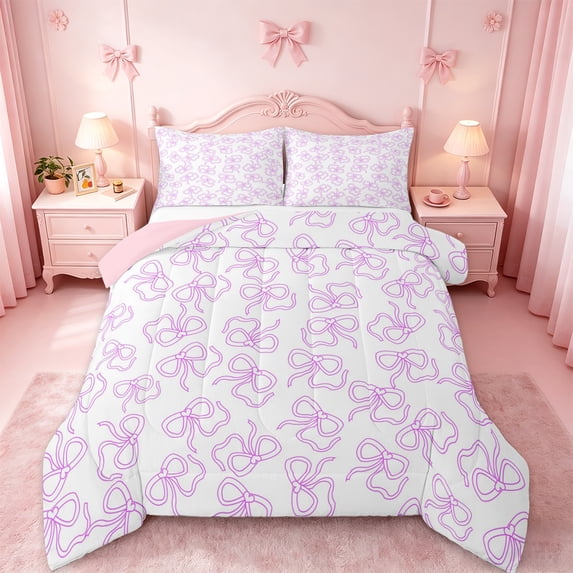 jejeloiu Cartoon Bow Tie Queen Comforter Set,Kawaii Bowknot Bowtie Bedding Sets,Purple White Bedding Comforter Set For Girls Kids,Microfiber Bedroom Decor Reversible,3-Piece