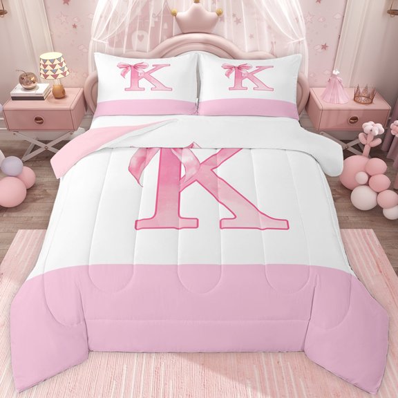 jejeloiu Cartoon Bow Tie Queen Comforter Set,Letter K Monogrammed Bedding Comforter Set For Girls Kids Reversible 3pcs