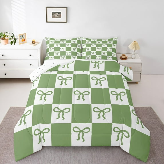 jejeloiu Cartoon Bow Tie Queen Comforter Set,Princess Bowknot Bedding Sets,Green Geometric Checkered Bedding Comforter Set For Teens,Luxury Bedroom Decor Reversible,3-Piece