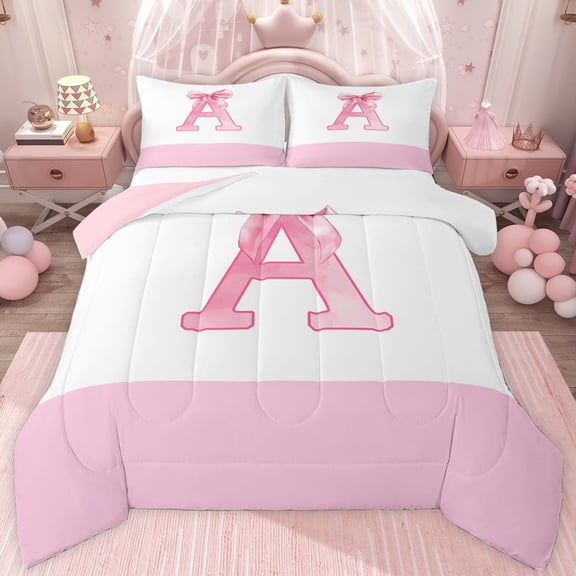 jejeloiu Cartoon Bow Tie Twin Comforter Sets,Letter A Monogrammed Bedding Set For Girls Kids Reversible 2pcs