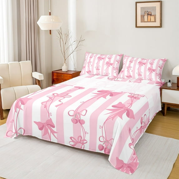 jejeloiu Cartoon Bow Tie Twin Sheet Sets,Pink Cherry Twin Fitted Sheet,Geometric Stripes Flat Sheet For Teens,Luxury Bedroom Decor,3 Pieces