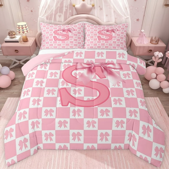 jejeloiu Cartoon Bowknot Bowtie Twin Comforter Sets,Letter S Print Bedding Set For Bow Girls Reversible 2pcs