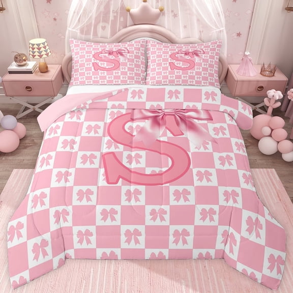 jejeloiu Cartoon Bowknot Bowtie Twin Comforter Sets,Letter S Print Bedding Set For Bow Girls Reversible 2pcs
