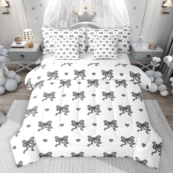 jejeloiu Cartoon Bowknot Loves 7-Piece Twin Bedding Sets,Black Kawaii Love Bedding Comforter Set For Girl Reversible
