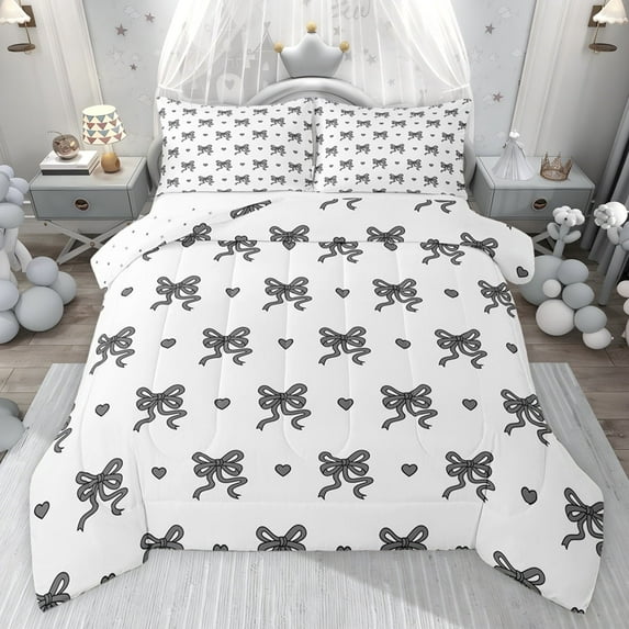 jejeloiu Cartoon Bowknot Loves Twin Comforter Sets,Black Kawaii Love Bedding Set For Girl Reversible 2pcs