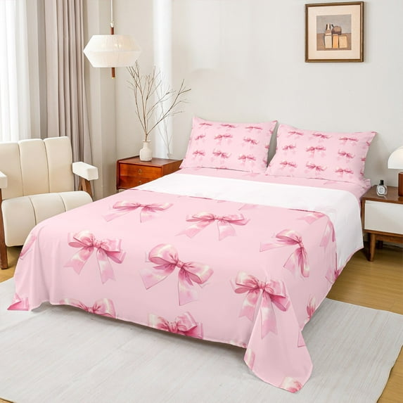 jejeloiu Cartoon Bowtie Bed Sheets,Bow Bowknot King Sheets,Pink Bow Knot Sheet Set For Girl,Microfiber Room Decor,4 Pieces