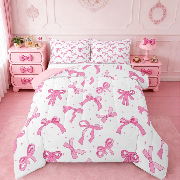jejeloiu Cartoon Bowtie Bedding Comforter Set,Bow Bowknot Twin Comforter Sets,Pink White Bedding Set For Girl,Microfiber Room Decor Reversible,2pcs