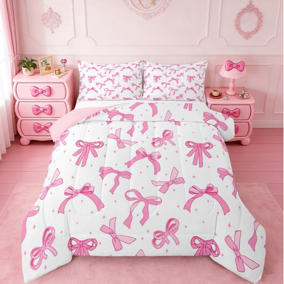 jejeloiu Cartoon Bowtie Bedding Comforter Set,Bow Bowknot Twin Comforter Sets,Pink White Bedding Set For Girl,Microfiber Room Decor Reversible,2pcs