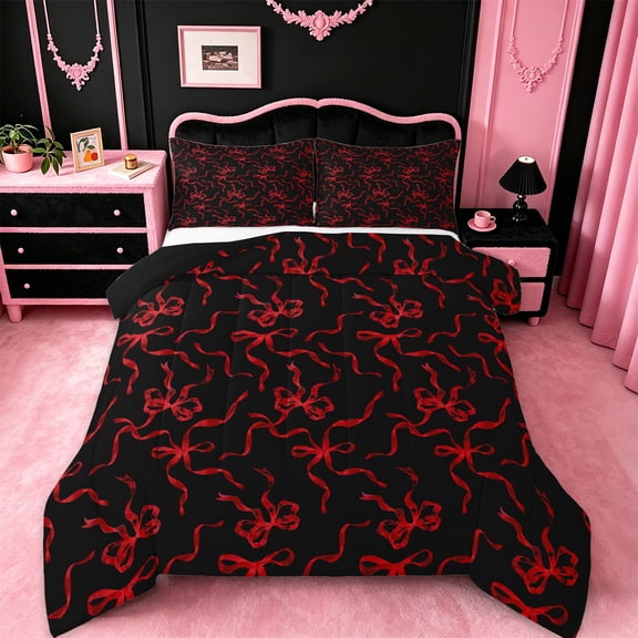 jejeloiu Cartoon Bowtie Bedding Comforter Set,Bow Bowknot Twin Comforter Sets,Red Black Bedding Set For Girl,Microfiber Room Decor Reversible,2-Piece