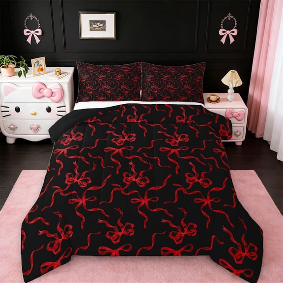 jejeloiu Cartoon Bowtie Bedding Comforter Set,Bow Bowknot Twin Comforter Sets,Red Black Bedding Set For Girl,Microfiber Room Decor Reversible,2-Piece