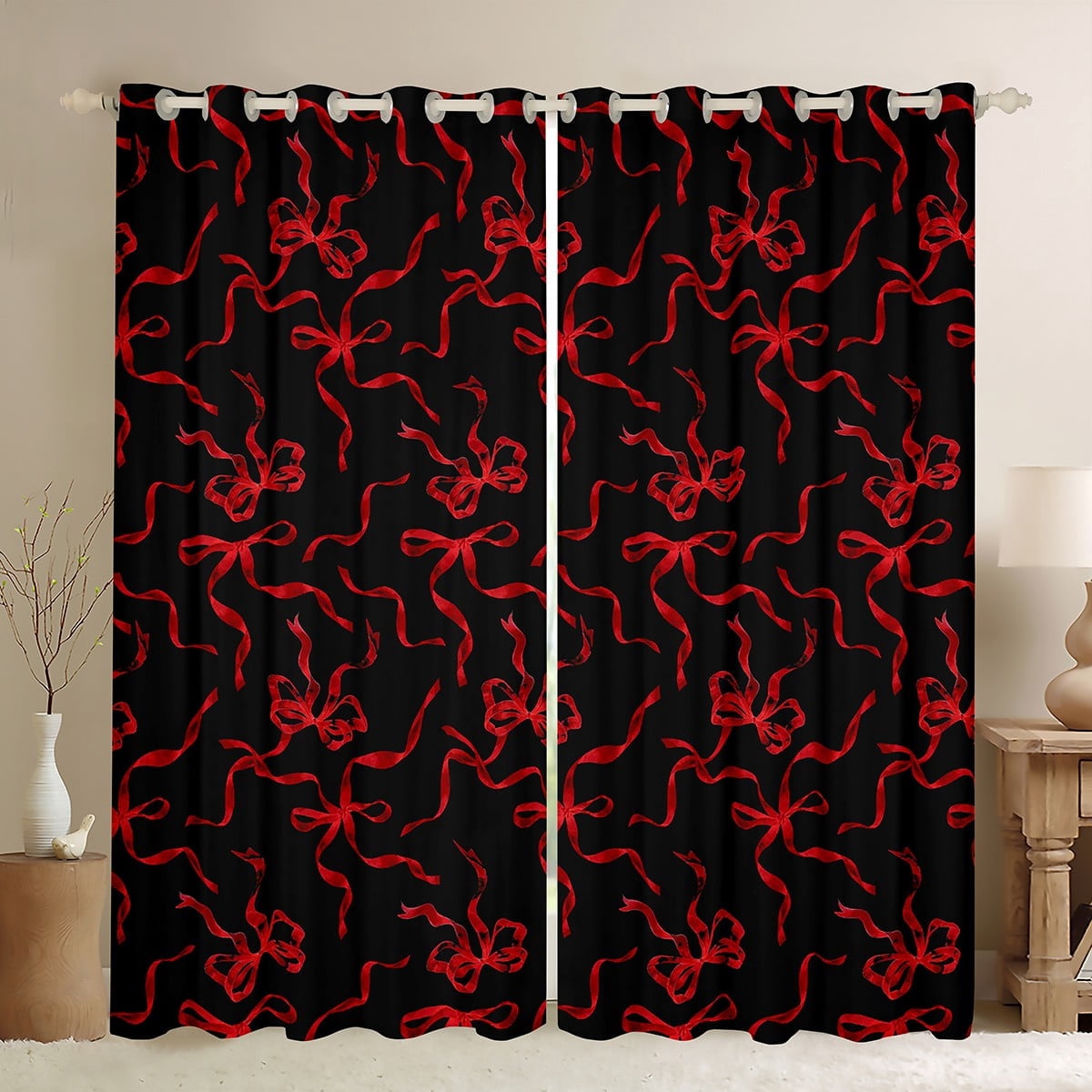 jejeloiu Cartoon Bowtie Blackout Curtains Set of 2 (52x84 Each),Bow Bowknot Window Curtains,Red Black Curtains and Drapes For Girl,Microfiber Room Decor