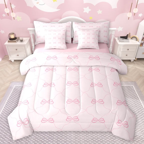 jejeloiu Cartoon Bowtie Bow 7pcs Bedding Comforter Set,Cute Bowknot Pattern Queen Bedding Sets,Girls Pink Queen Sheet Sets For Girls Teens,Ultra Soft Home Decor Reversible