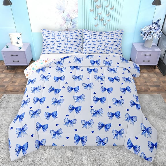 jejeloiu Cartoon Bowtie Bow Bedding Comforter Set,Cute Loves Pattern Twin Comforter Sets,Blue Dot Bedding Set For Girls Teens,Ultra Soft Home Decor Reversible,2 Pieces